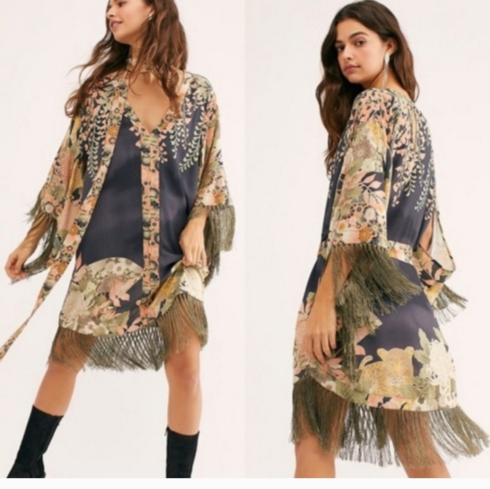 Free People x Spell Resort Wrap Dress Black and Cream Bell Sleeves